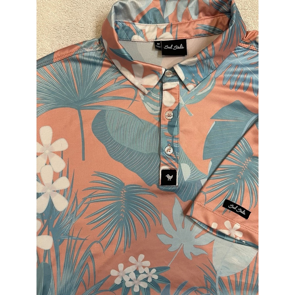 Bad Birdie Polo Shirt Mens Medium S/S Floral Palms Stretch Performance‎ Golf